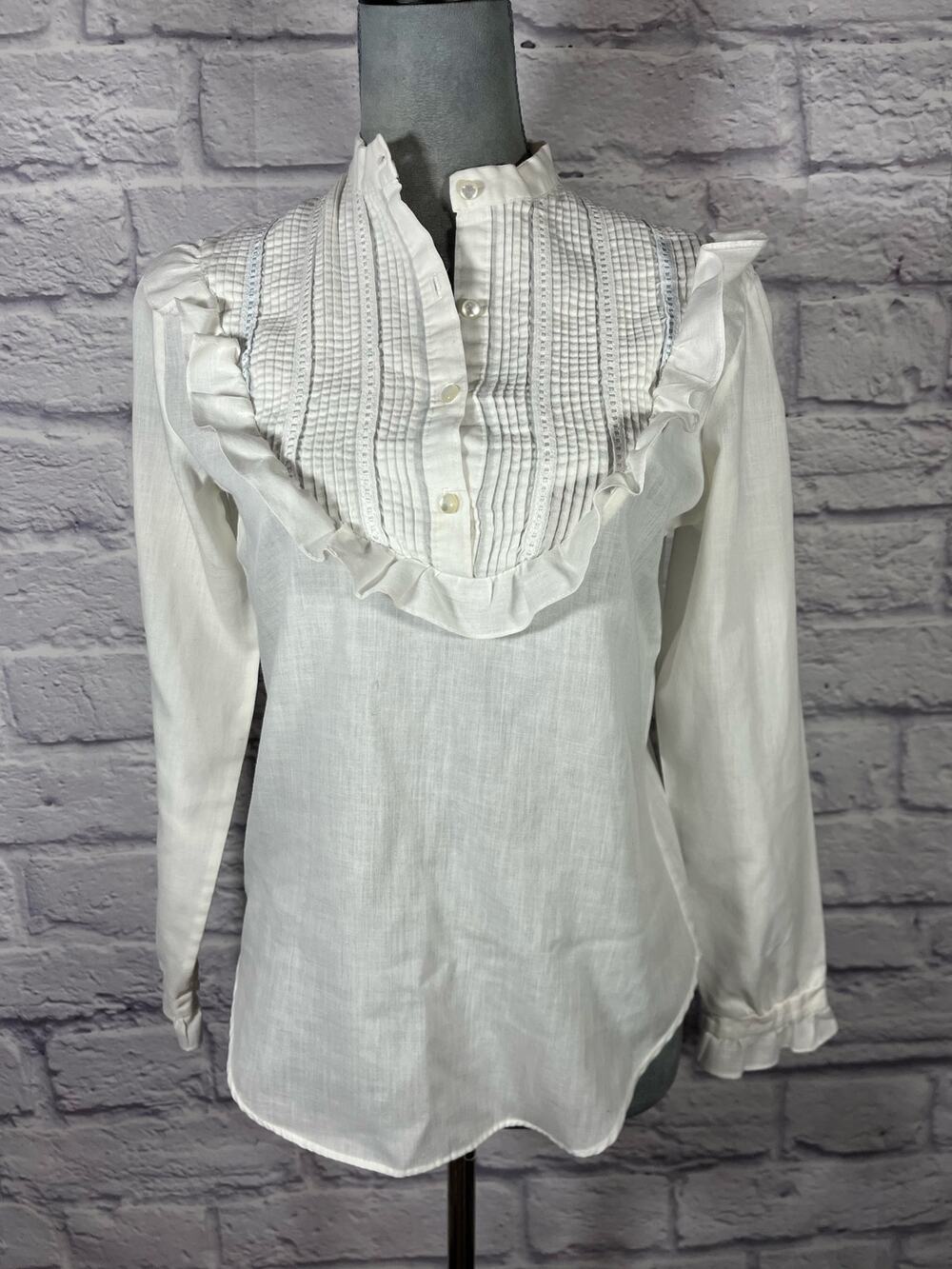 Vintage 80's lightweight soft cotton pintuck bibbed blouse with ruffle detail